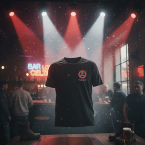 Black t-shirt with a glowing red "Bar Los Celtas" triskelion logo, displayed under spotlights in a rustic pub.