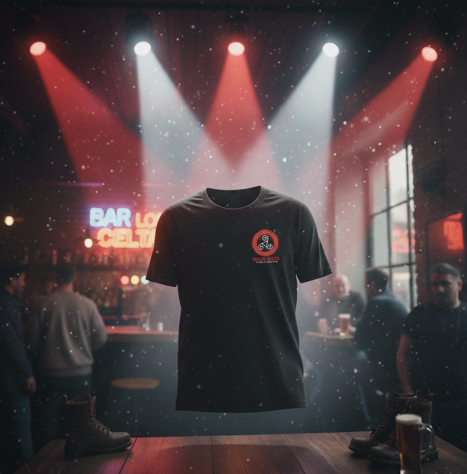 Black t-shirt with a glowing red "Bar Los Celtas" triskelion logo, displayed under spotlights in a rustic pub.